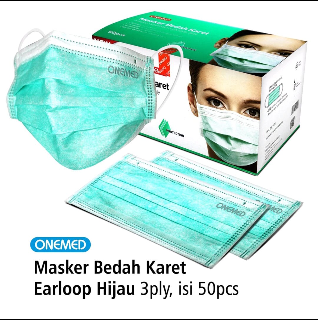 Masker Bedah Karet Earloop Hijau 3 Ply isi 50 Pcs