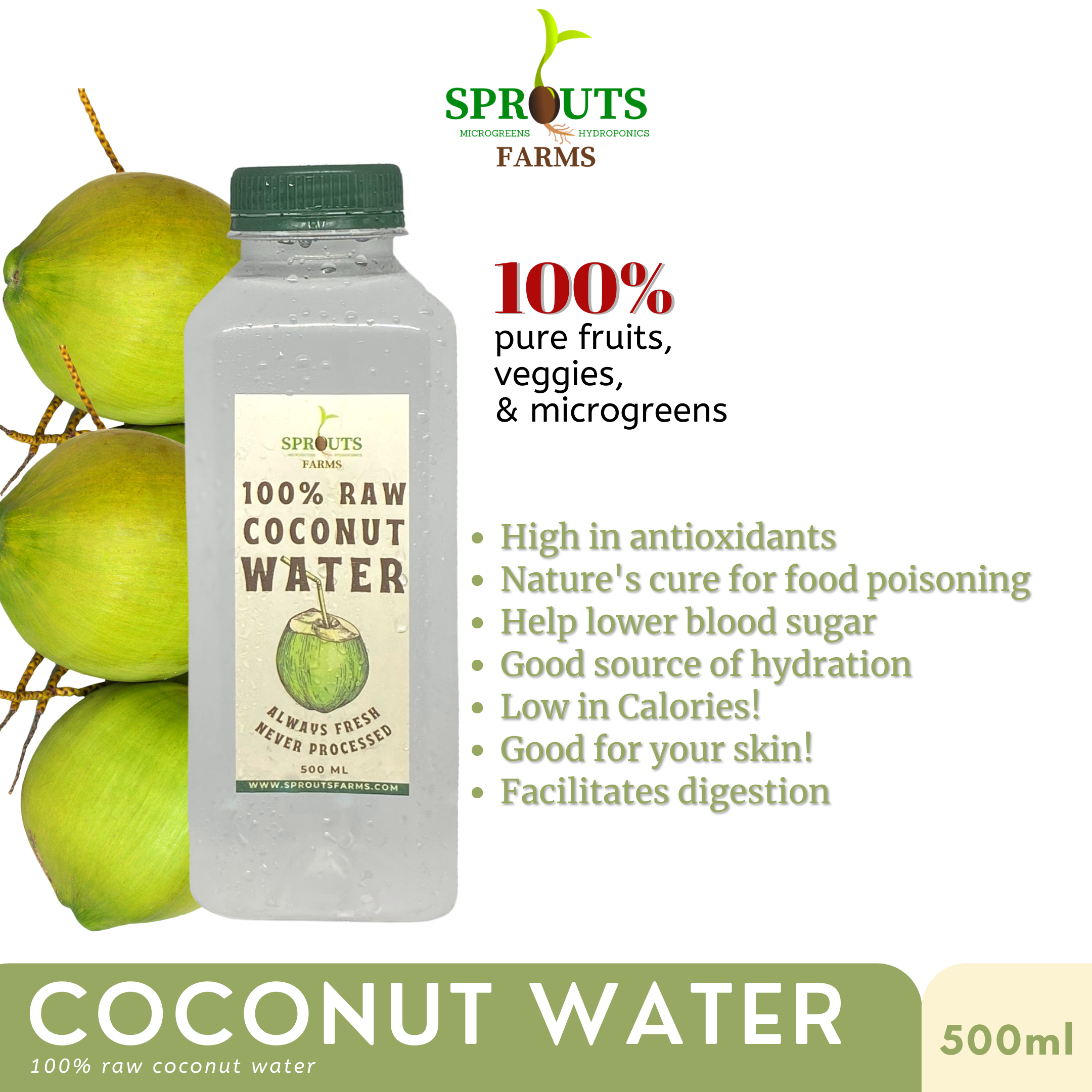 Sprouts Farms 100% RAW Coconut Water 500ml Air Kelapa Muda Murni