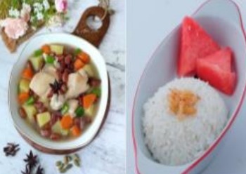 5. Nasi Putih, sup ayam telor kacang merah + buah semangka