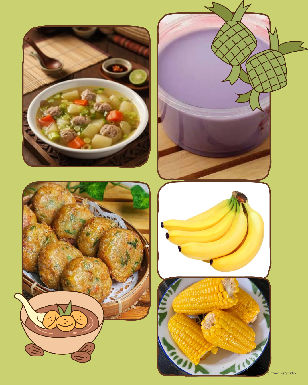 Menu Paket 7 Posyandu - Sup Bola Daging, Perkedel Daging, Puding Ubi Ungu, Buah dan Jagung Rebus