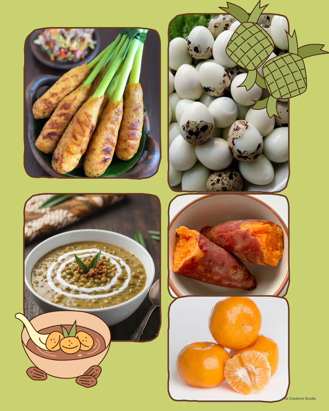 Menu Paket 8 Posyandu - Sate Lilit Ayam, Telur Puyuh, Bubur Kacang Hijau, Buah dan Ubi Kukus Oren