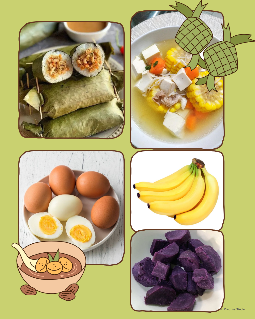 Menu Paket 10 Posyandu - Arem Arem Ayam, Sup Bening Wortel Jagung, Telur Rebus, Buah dan Ubi Ungu
