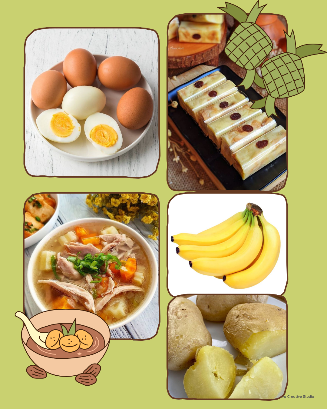 Menu Paket 12 Posyandu - Telur Rebus, Sup Ayam Cincang, Podeng, Buah dan Kentang Kukus