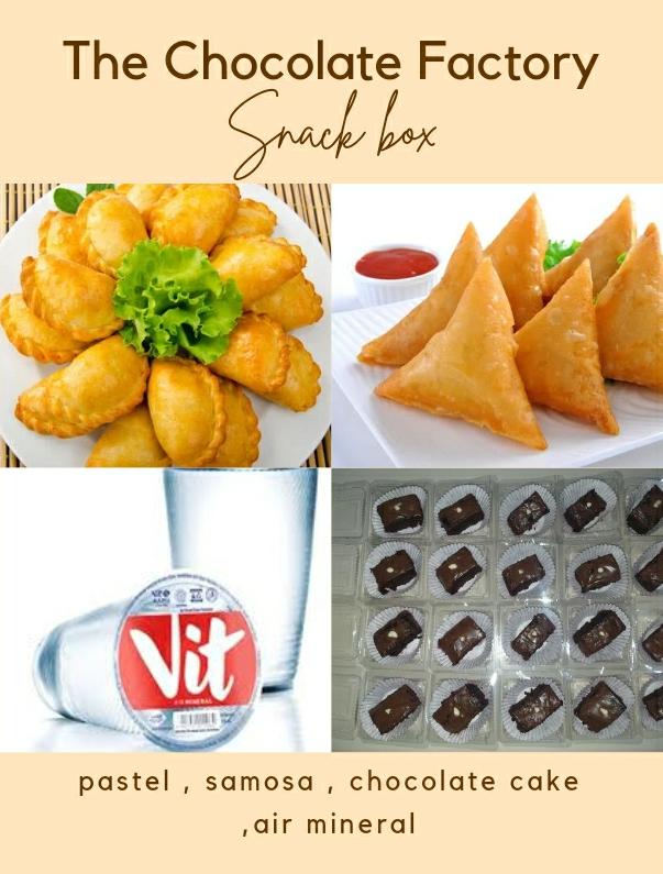 Snack Box Samosa Daging,Pastel Daging , Chocolate cake , Air mineral Chocolate Factory
