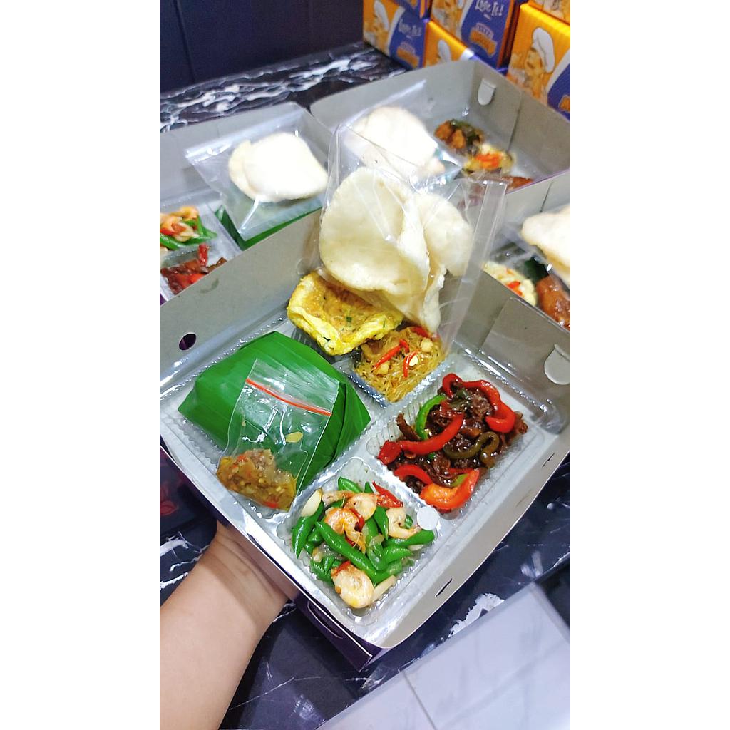 Paket Nasi Timbel isi Daging Teriyaki - Buncis Udang - Telor Dadar - Bihun Special - Kerupuk - Sambal