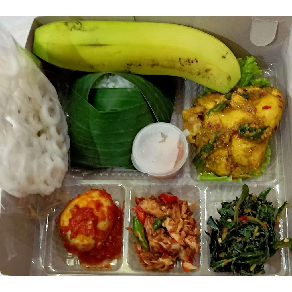 Nasi Box 4 SR (Nasi, Ayam, Telur Balado, 2 Sayur dan Pisang/Kerupuk)