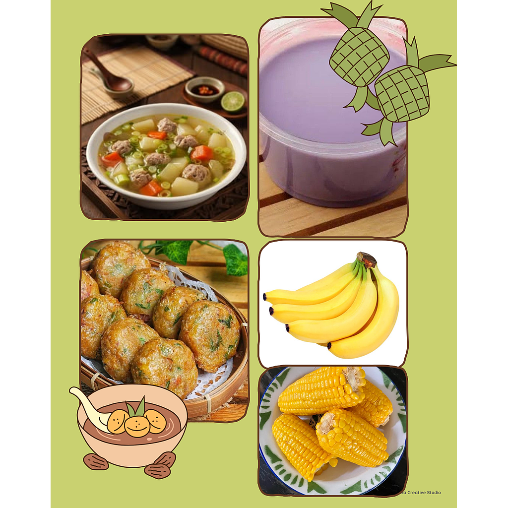 Menu Paket 7 Posyandu - Sup Bola Daging, Perkedel Daging, Puding Ubi Ungu, Buah dan Jagung Rebus