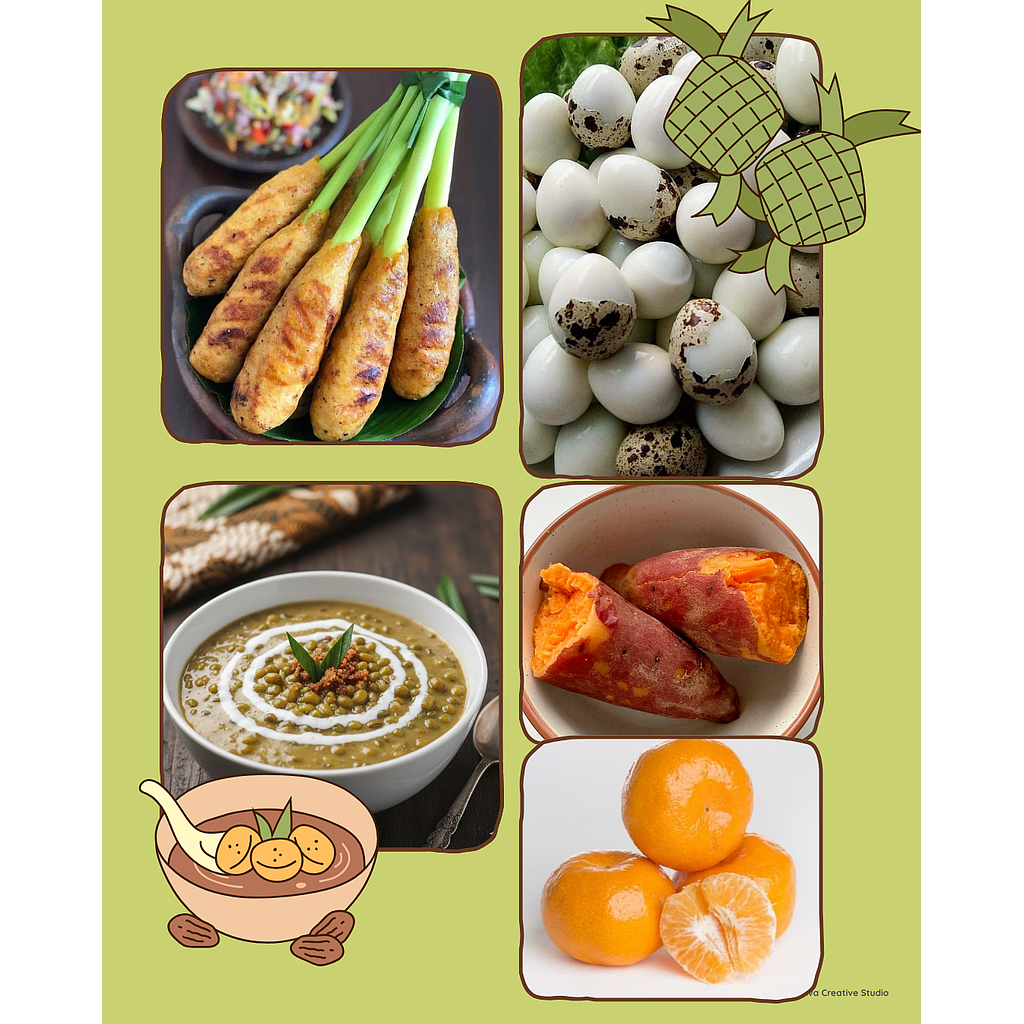 Menu Paket 8 Posyandu - Sate Lilit Ayam, Telur Puyuh, Bubur Kacang Hijau, Buah dan Ubi Kukus Oren