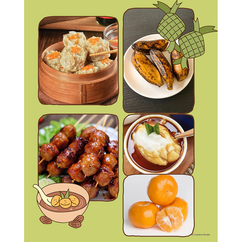 Menu Paket 9 Posyandu - Dimsum Ayam, Sate Bakso Ayam, Bubur Sumsum, Buah dan Pisang Kukus