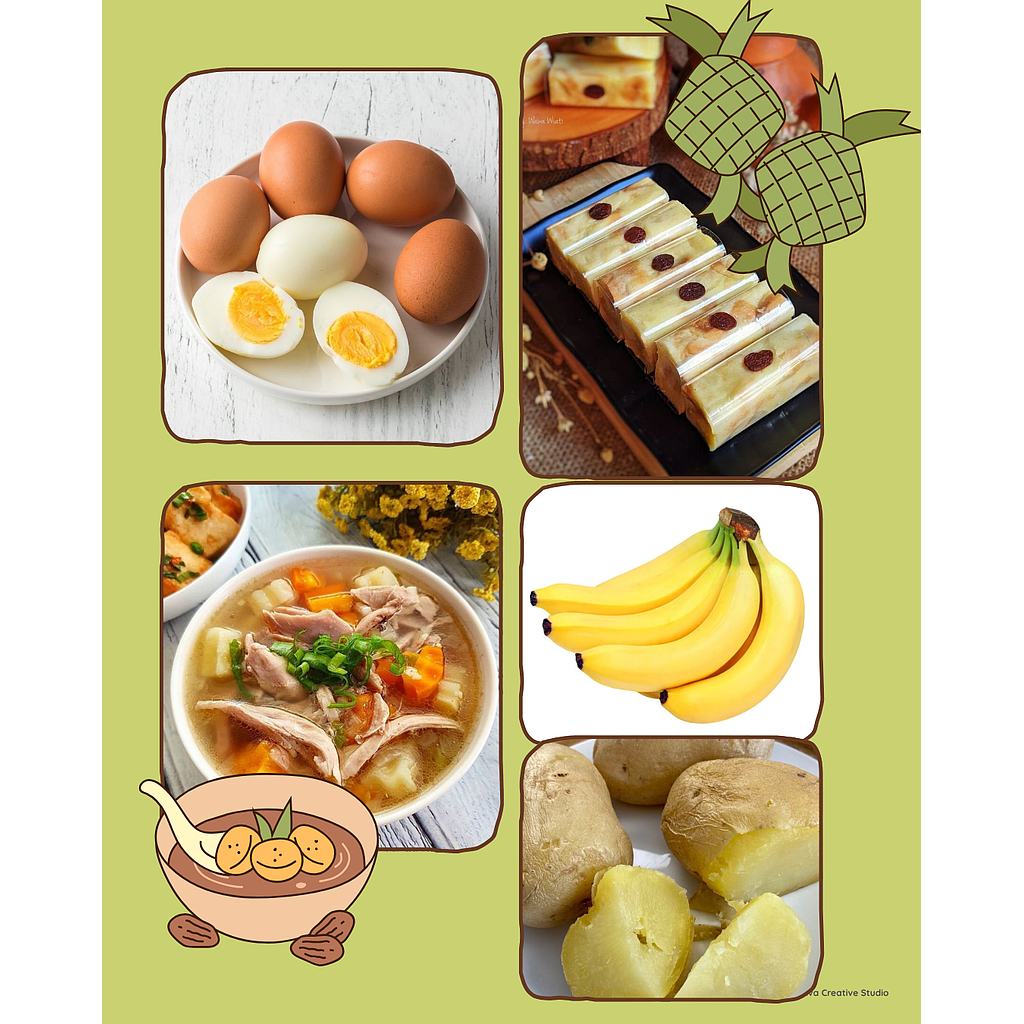 Menu Paket 12 Posyandu - Telur Rebus, Sup Ayam Cincang, Podeng, Buah dan Kentang Kukus